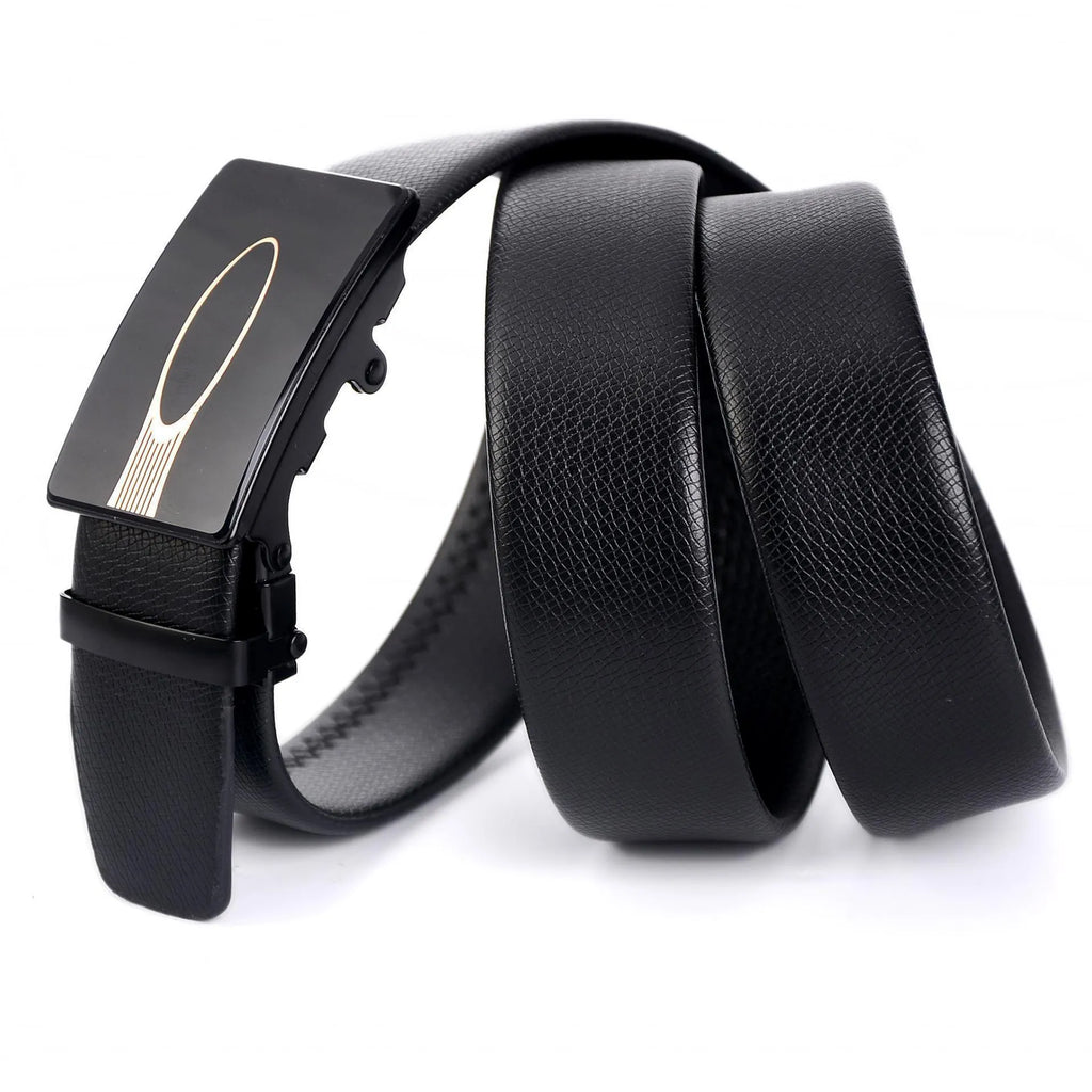 Men's automatic buckle belt with iron mirror acrylic buckle, imitation leather strap, patent leather finish