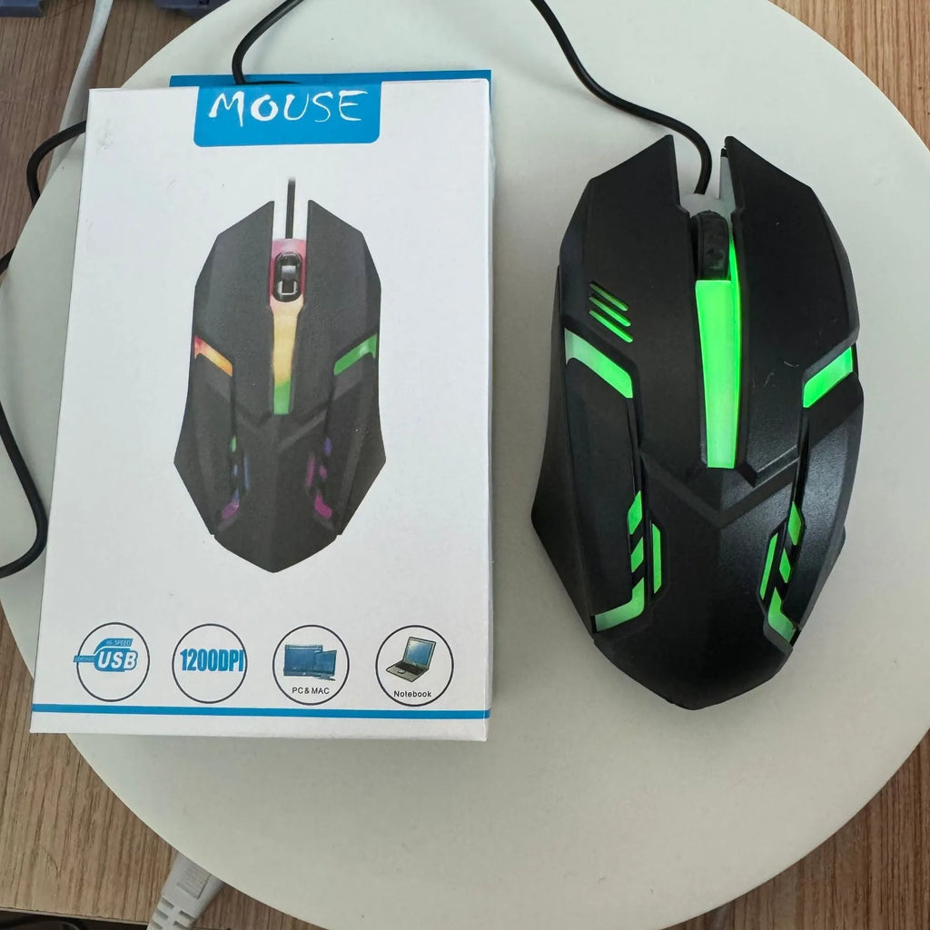Wired USB photoelectric mouse with 1.35m cable for desktop, shown in black ribbon colour packaging or white