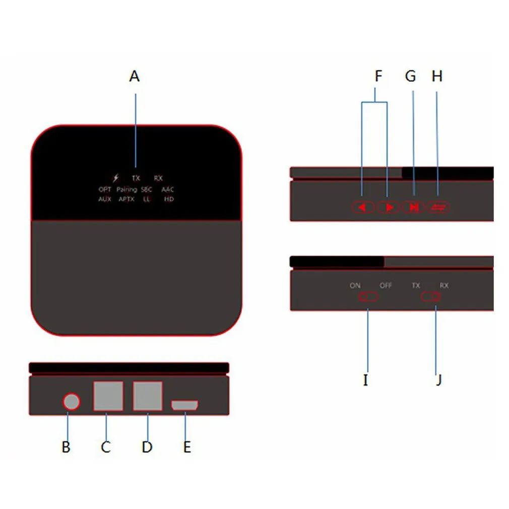 CSR8675 Bluetooth 5.0 adapter receiver in black with Micro USB charging port and AUX input