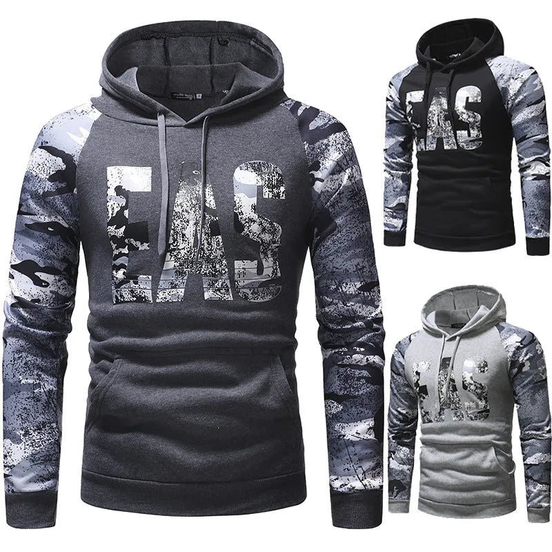 Men's long sleeve camouflage print hooded sweatshirt in black, light grey, or dark grey with raglan sleeves, sizes M to XXL