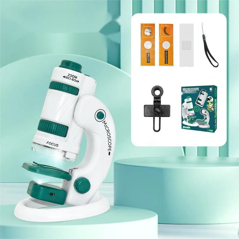 Portable microscope upgrade set with specimen slides in white and green plastic casing