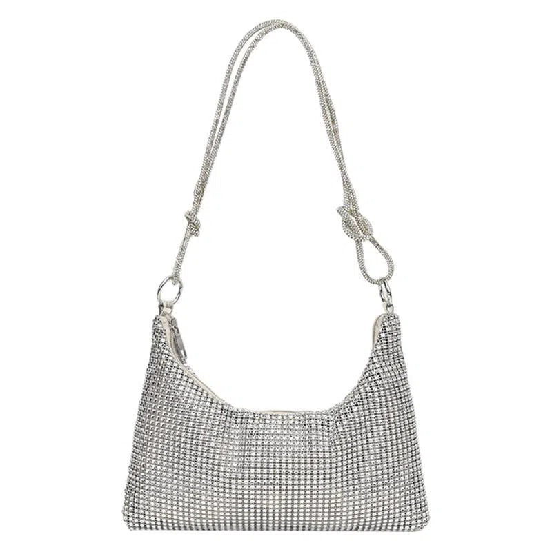Women's solid-colour nylon shoulder bag with faux rhinestone details, chain strap, and zipper closure in silver