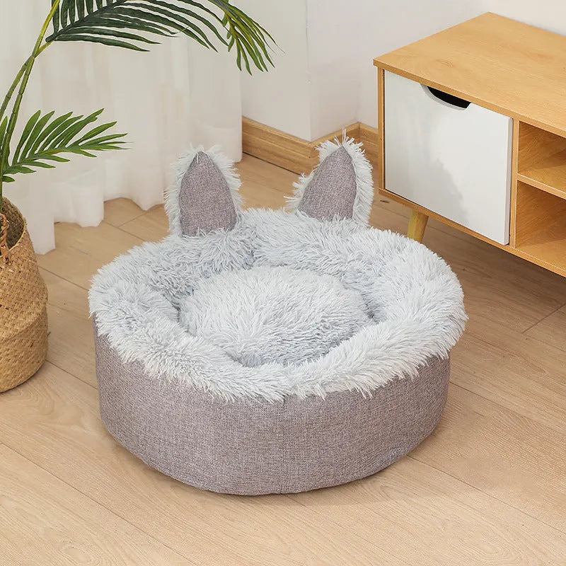 Soft plush faux fur circular pet bed for cats and dogs in blue colour