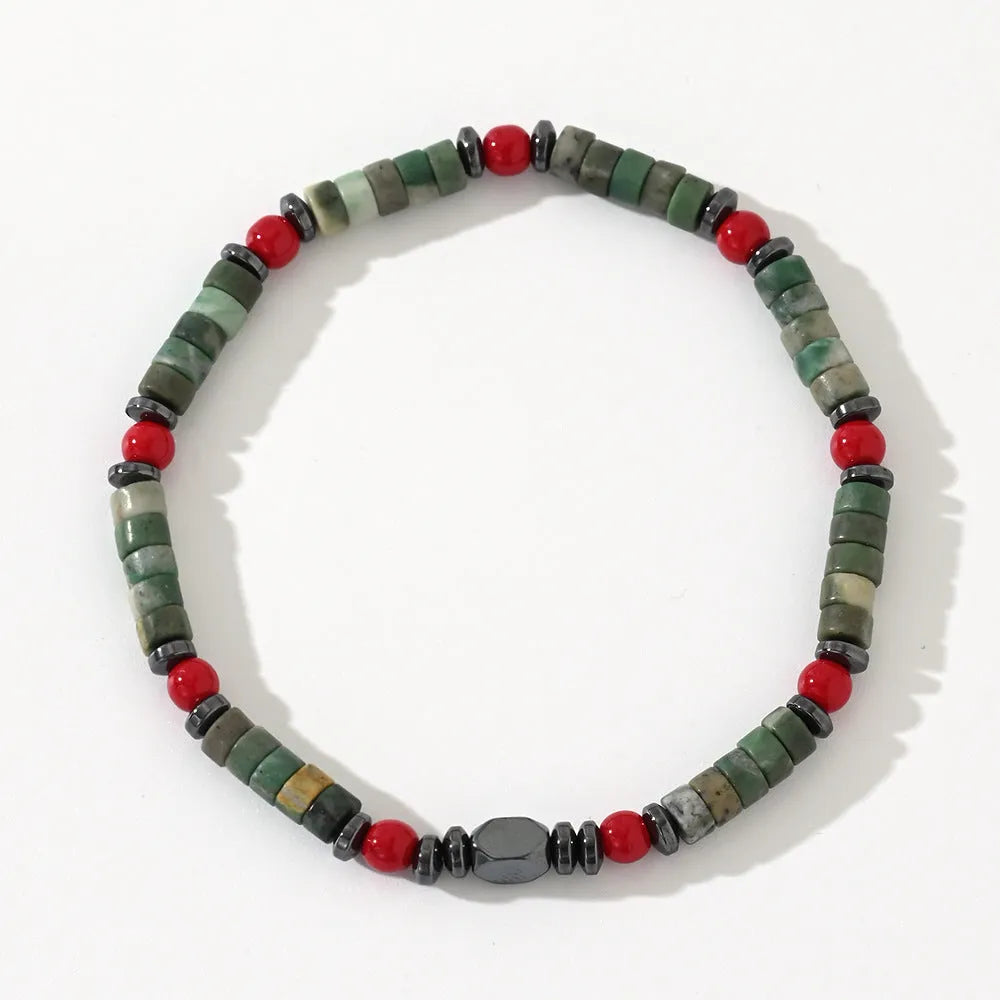 Men's bohemian bracelet with cylindrical natural stone beads on adjustable string closure