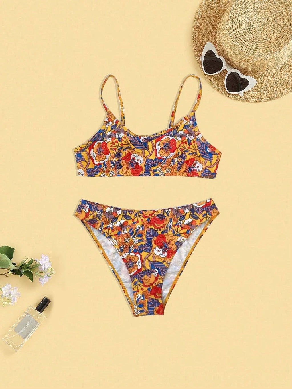 Plus size women's floral print strap bikini swimsuit set with bra and briefs