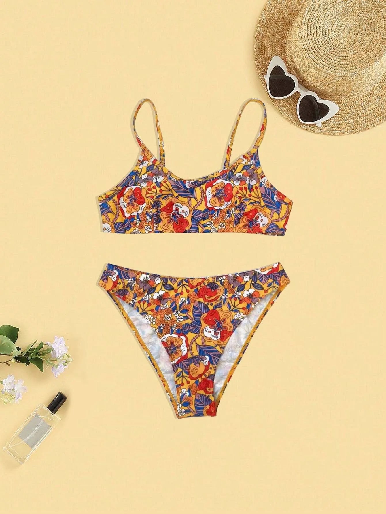 Plus size women's floral print strap bikini swimsuit set with bra and briefs