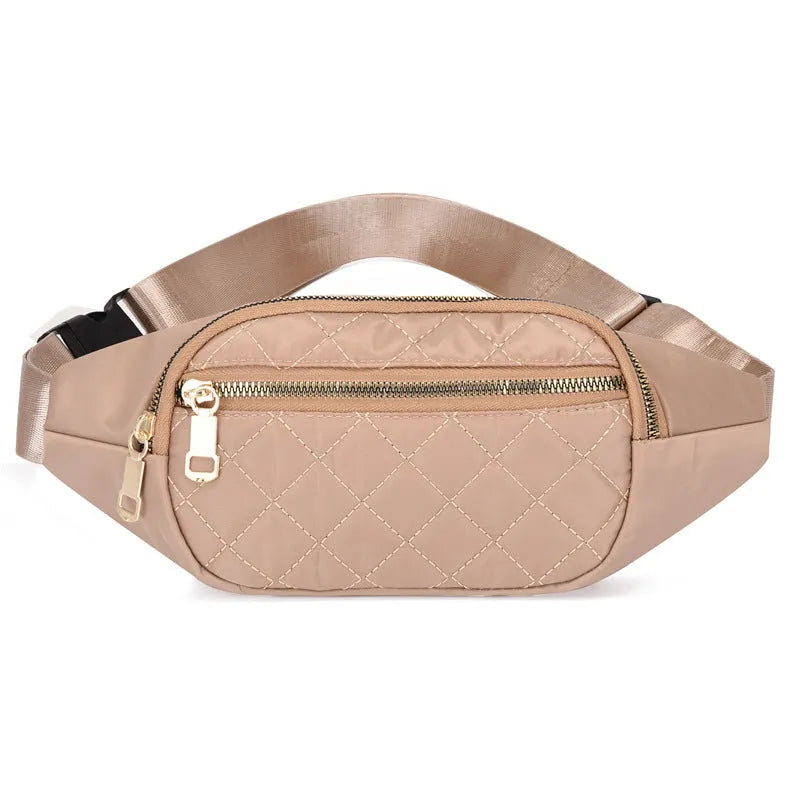 Rhombus nylon fanny pack for women, crossbody waist bag with zipper closure in solid colour, medium size, soft handle.