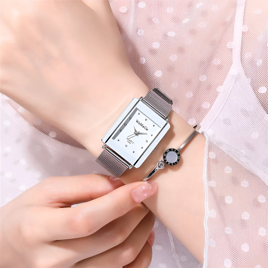 Fashion simple rectangular dial couple watch in white with metal case and glass face