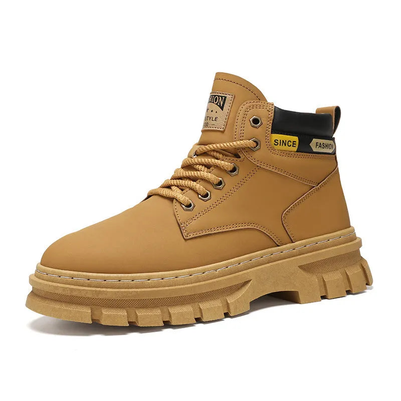 Men's brown Martin boots with high-top design, lace-up front, and round toe on rubber sole