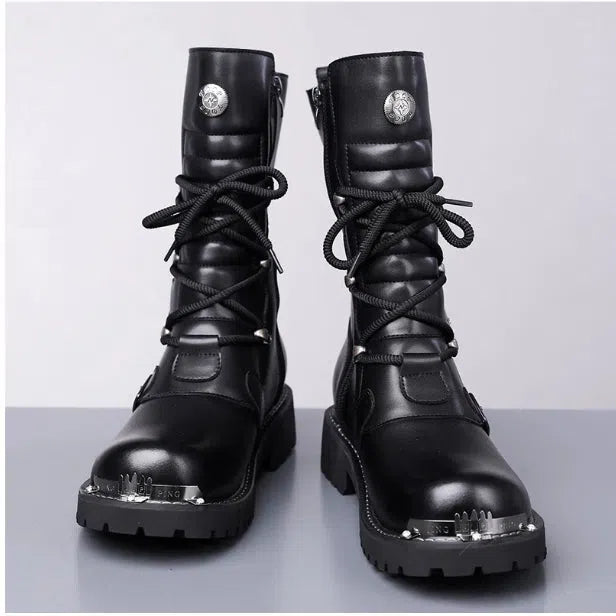 Black men's mid-calf riding boots with side zipper, round toe, flat heel, and suede finish.