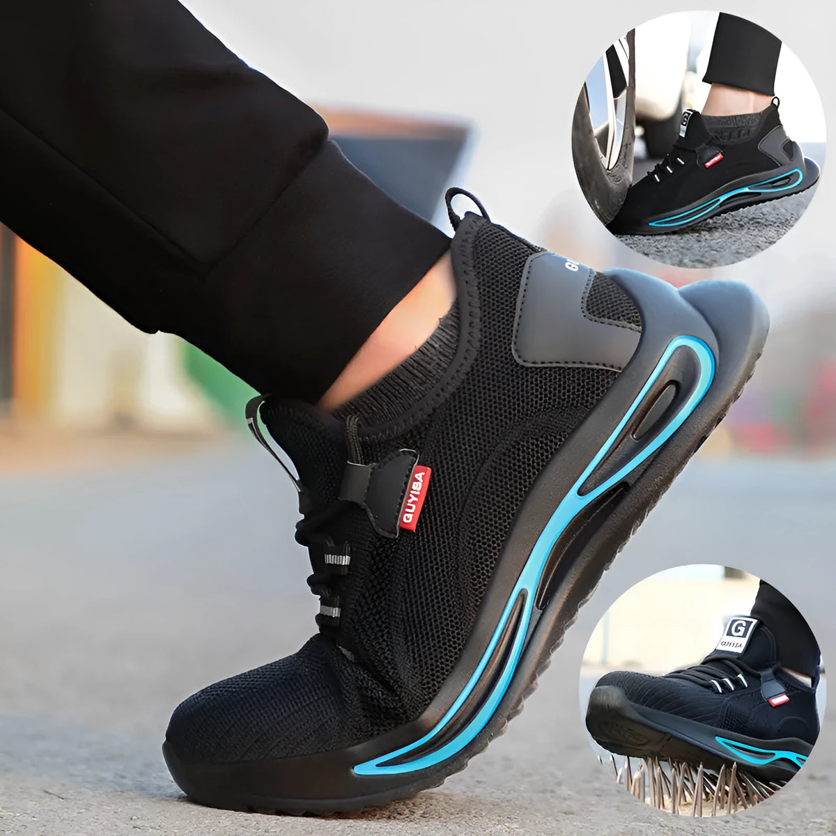 Steel toe work safety shoes for men, black blue trim, fly weaving upper, Kevlar midsole, PU nonslip sole, low top, sizes 39-44.