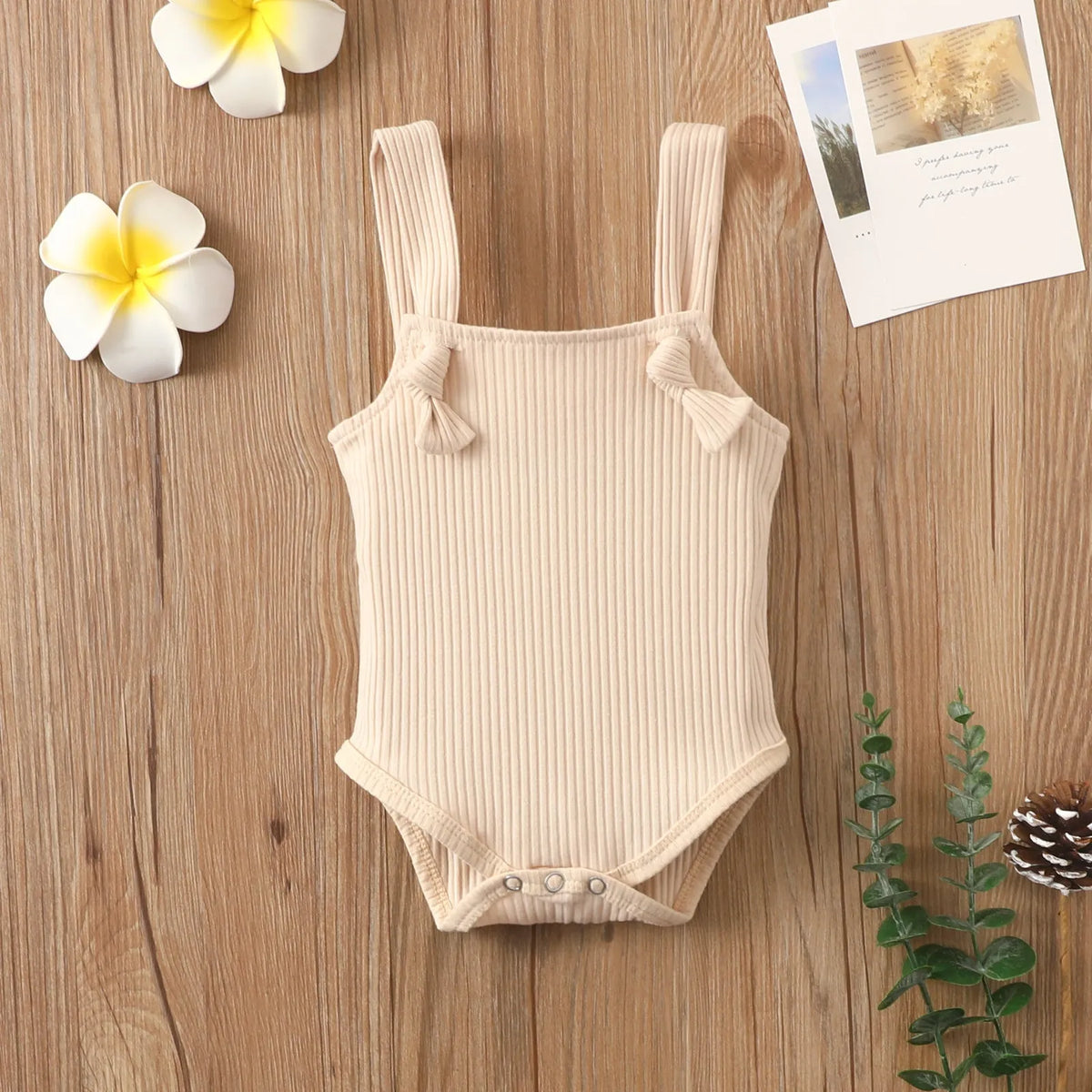 Baby cotton pit strap romper sleeveless summer outfit for girls in brown beige pink light green