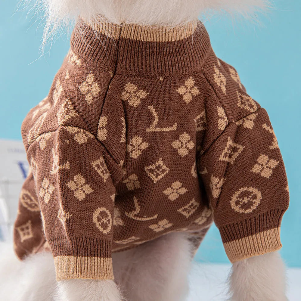 A dog wearing a thick wool sweater in a monochrome colour, styled in a European American design.