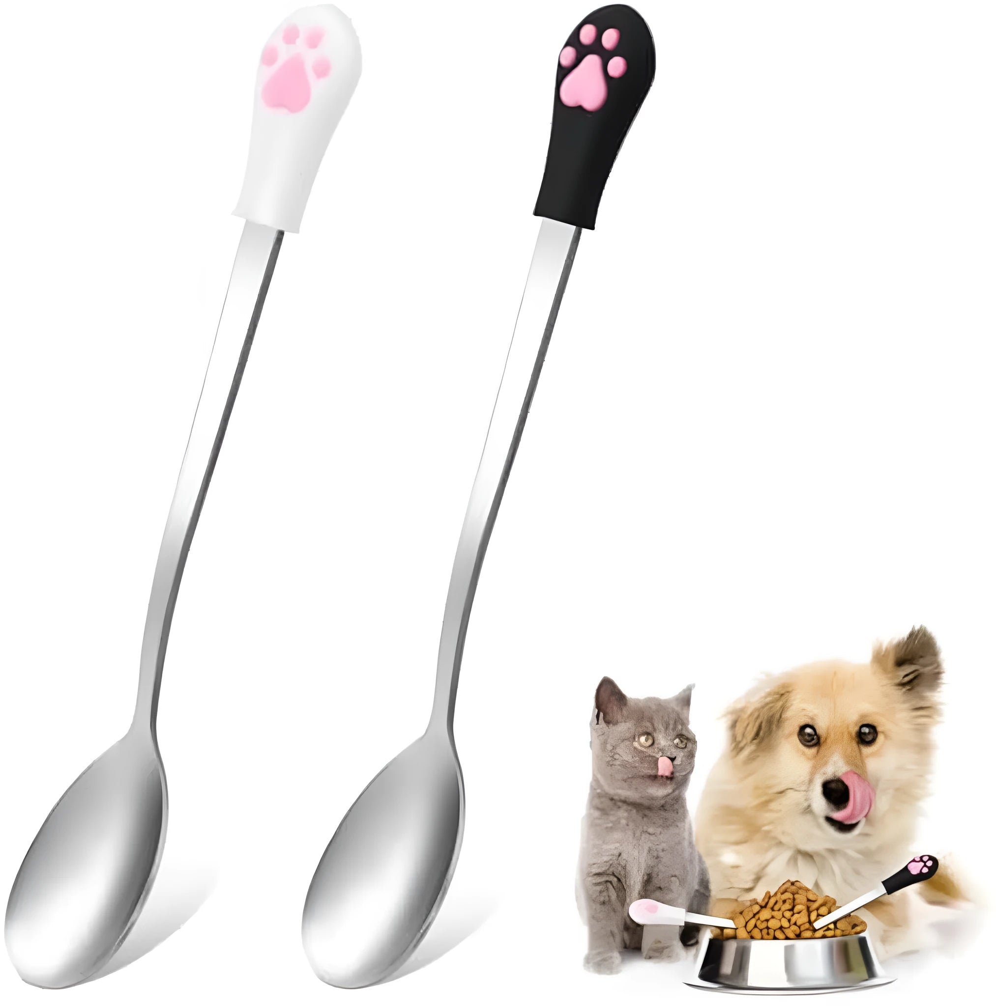 White and black stainless steel pet food spoons with silicone cat paw print handles on a table.