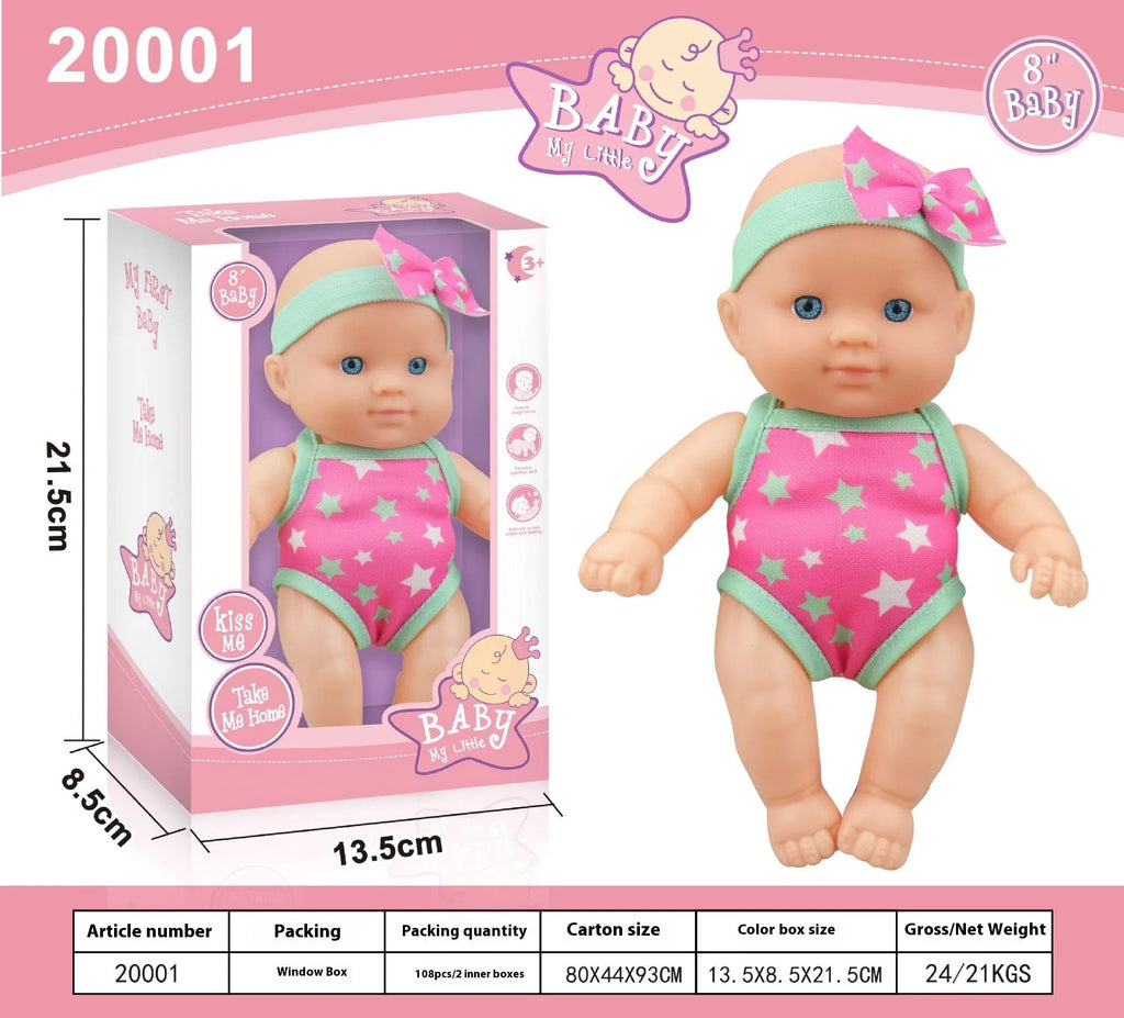 Simulation baby vinyl figurine doll measuring 21.5cm tall, displayed in one of six available colour finishes.