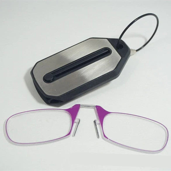 Compact magnetic reading glasses with rimless frames and adjustable nose clip