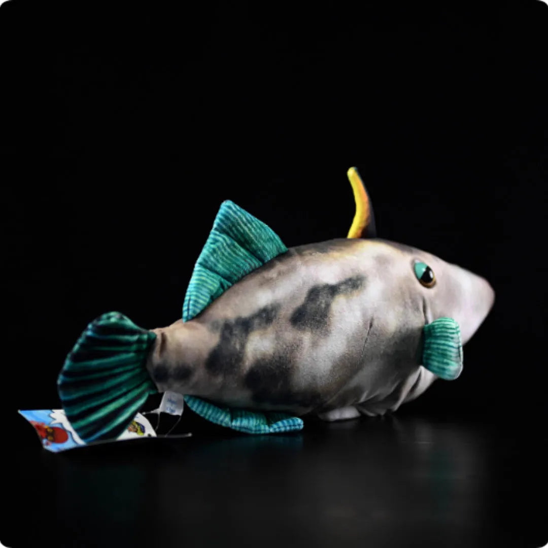 Simulation green fin pufferfish plush toy 42cm flannel doll on white background