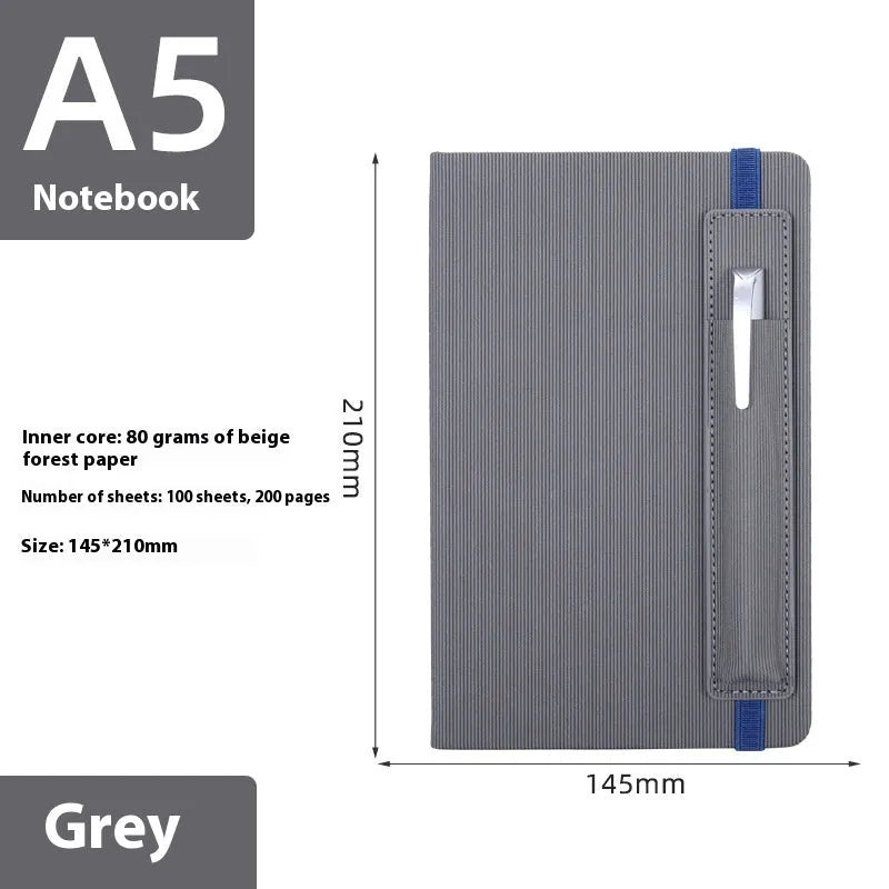 A5 faux leather notebook in blue with strap and pen insert, 200 pages, lying flat