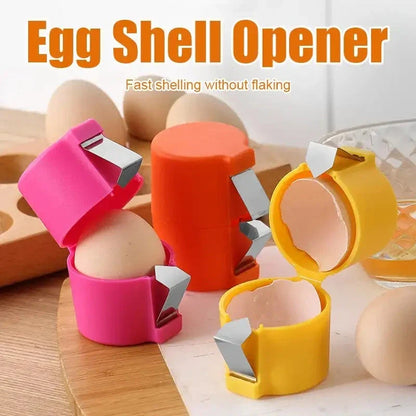 Hassle-Free Egg Cracker and Beater in vibrant colors, featuring a simple press-and-release mechanism for easy egg separation.