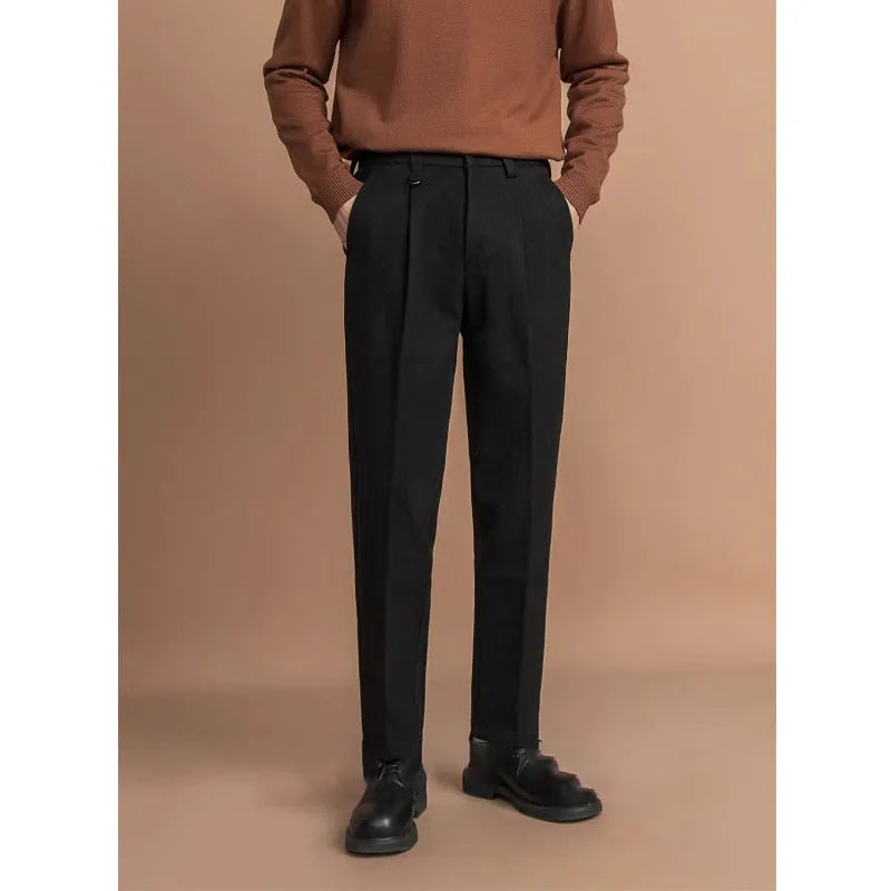 Men's straight-leg trousers in polyester fabric for business casual wear, shown in dark grey colour