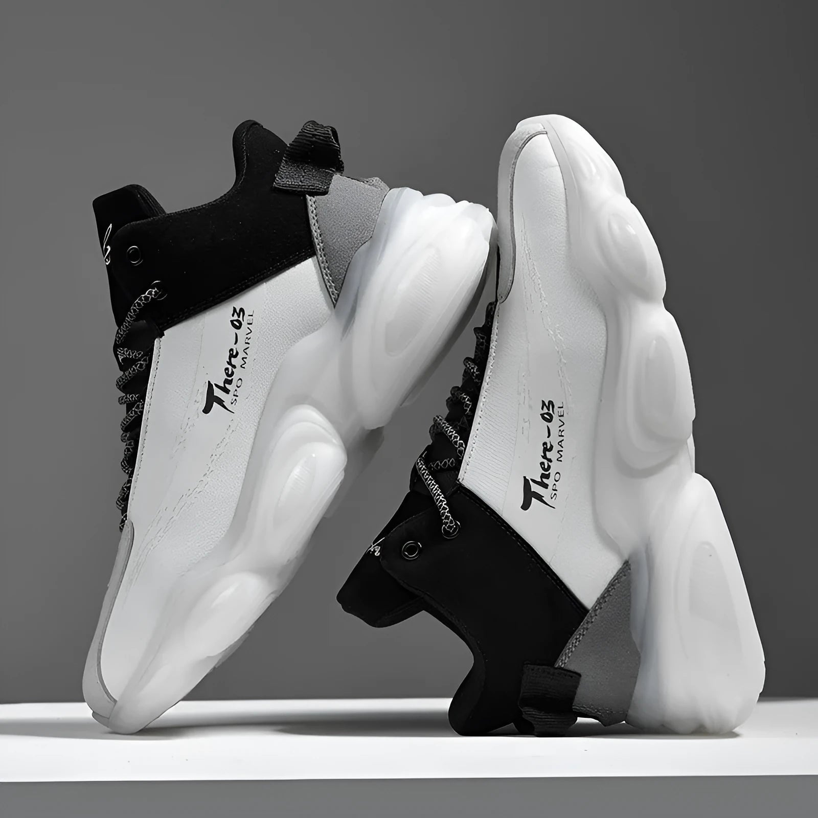 New Youth Basketball Running Sneakers white black TPU popcorn sole microfiber upper front lace-up platform flat heel