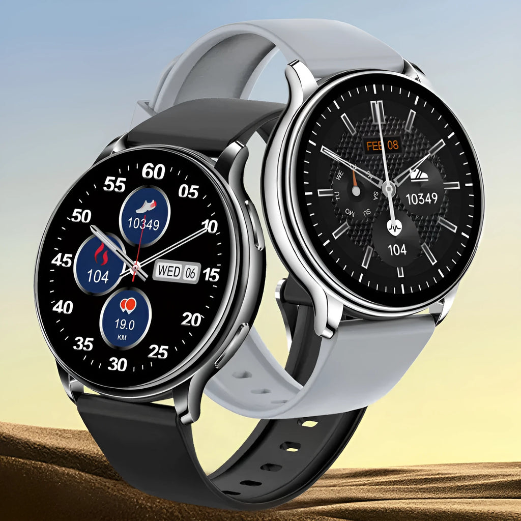 Smart couple watch with round screen, silicone strap, aluminium alloy case, available in Black, Grey and Pink
