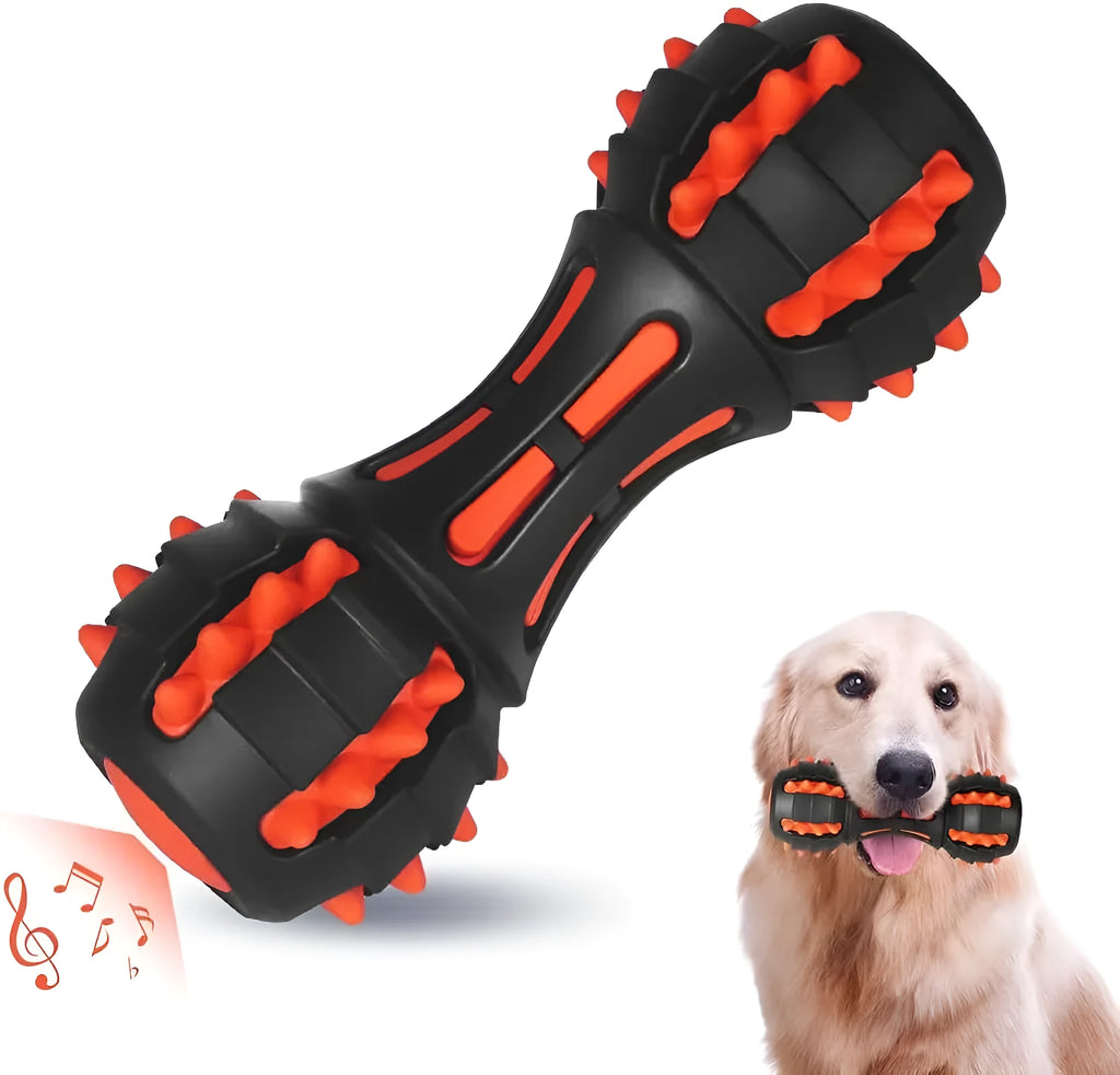 Red dumbbell-shaped natural rubber dog chew toy with squeaker for medium and large breeds