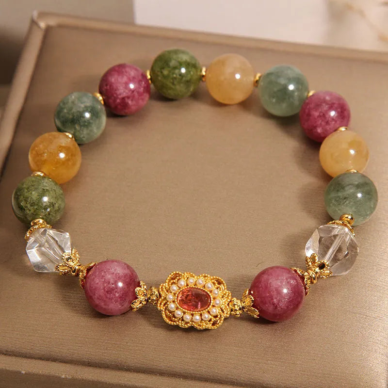 Jade colour tourmaline bracelet for women with round beads on crystal base and rhinestone accents