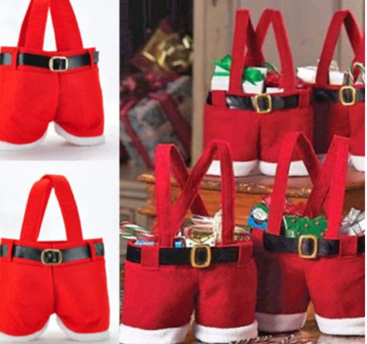 Festive Christmas-themed tote bag in the shape of Santa's iconic red pants, perfect for holding holiday treats and gifts