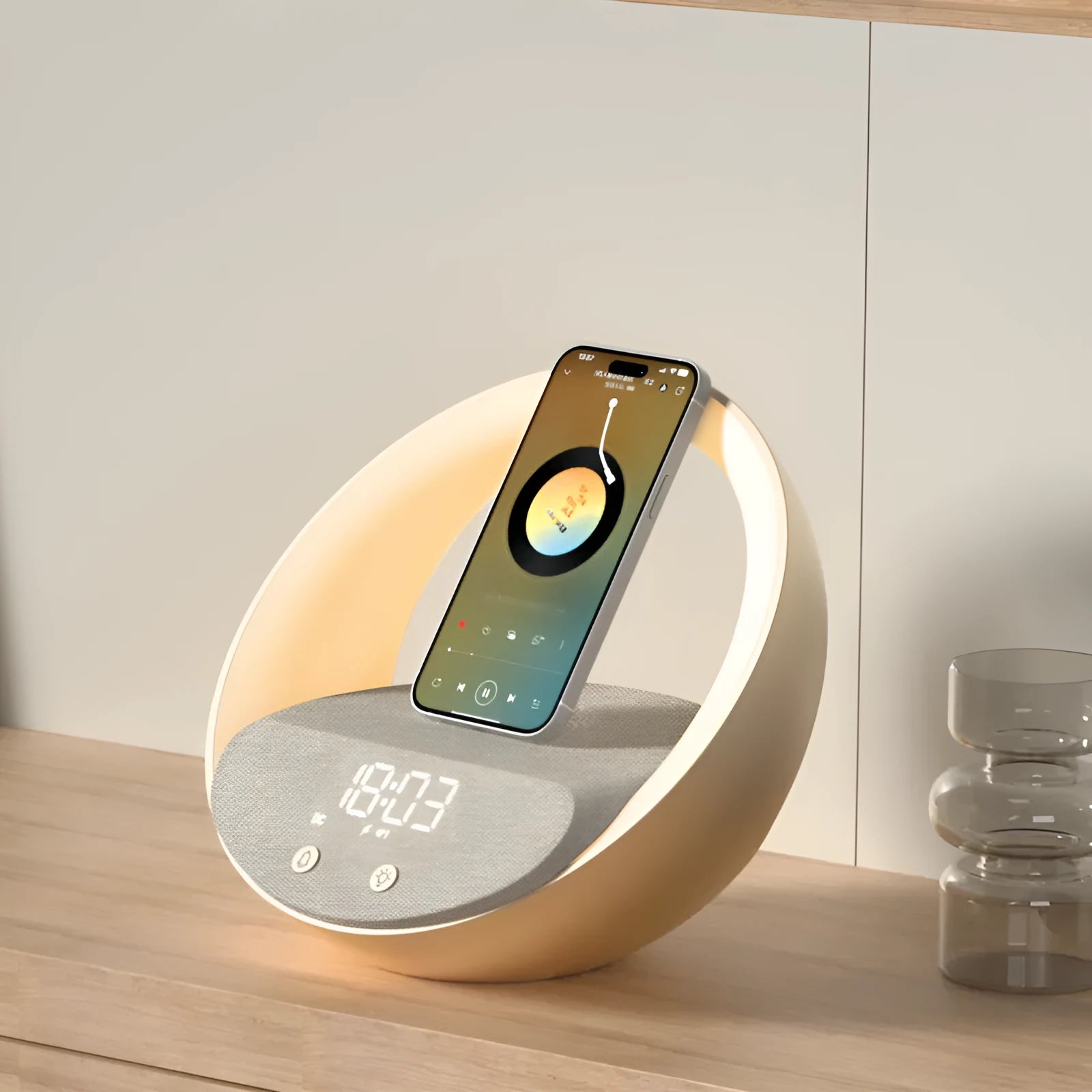 Beige multifunctional wireless charger clock with Bluetooth speaker and LED wake-up light on a bedside table.
