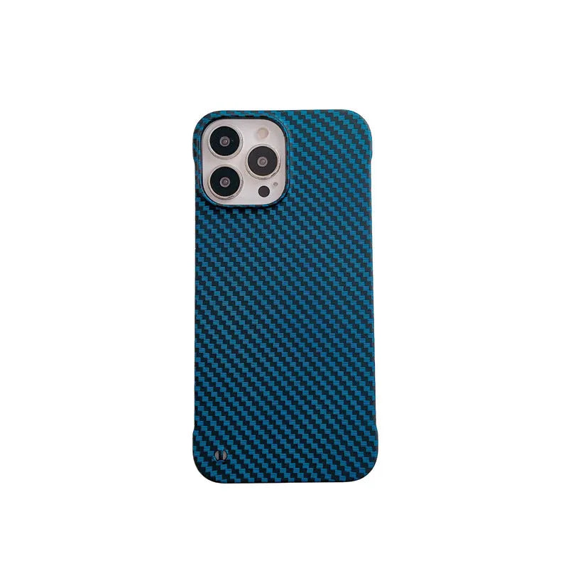 Frameless carbon fibre pattern hard shell phone case with bracket in silver, gold, green, blue, and red for iPhone 12 to 16 Pro Max.