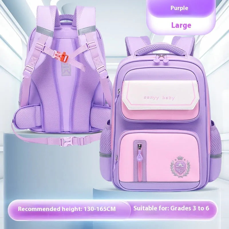 Children's spine protector backpack in water-repellent Oxford cloth, available in 38x30x15cm and 43x32x16cm sizes and six colours.