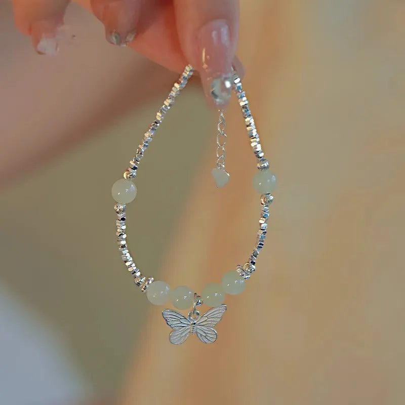 Hetian jade butterfly bracelet and necklace set for women with silver electroplated finish