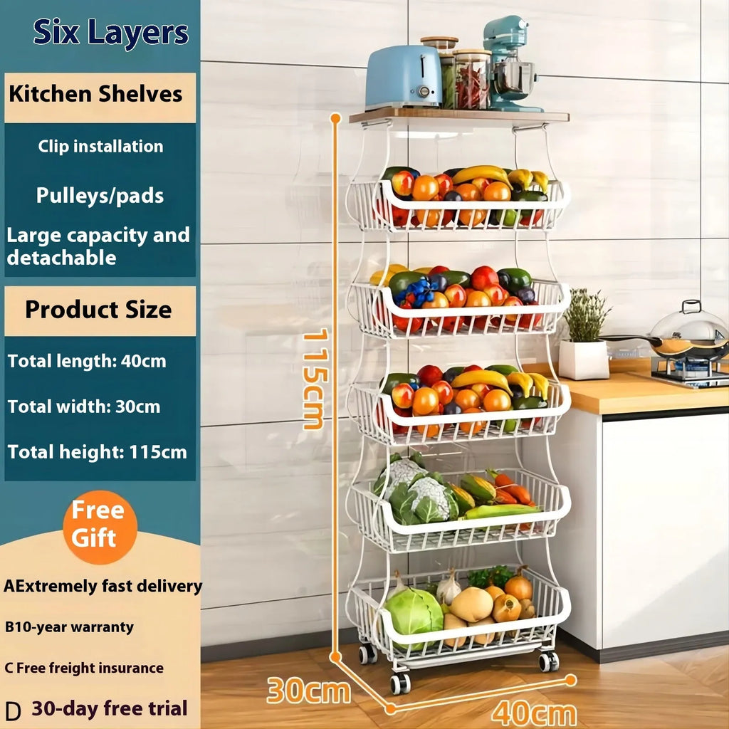Black six-layer free-standing metal kitchen shelf trolley on a floor, showing foldable design.
