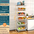 Black six-layer free-standing metal kitchen shelf trolley on a floor, showing foldable design.