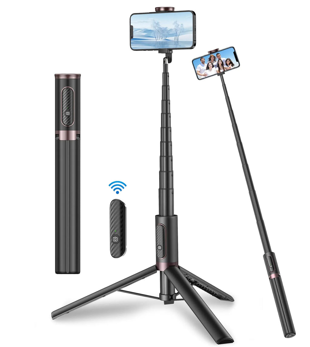 Black gold aluminum alloy Bluetooth selfie stick tripod extended to 1.7m holding a smartphone