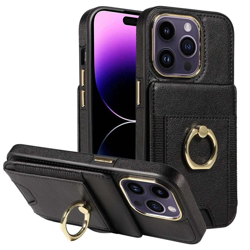 Handmade imitation leather phone case with card slot and magnetic bracket for Apple iPhone