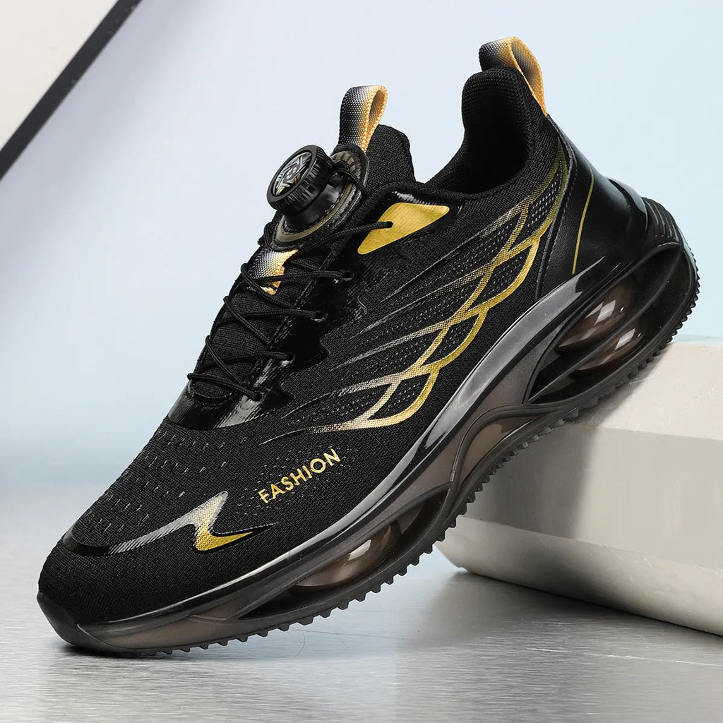 Casual running shoes with breathable PU mesh upper in sky blue, black gold, or white colours with rubber sole
