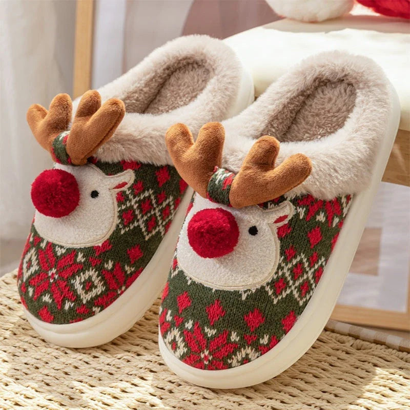 Cozy Christmas elk plush slippers with soft, plush fabric and non-slip soles for indoor comfort and style