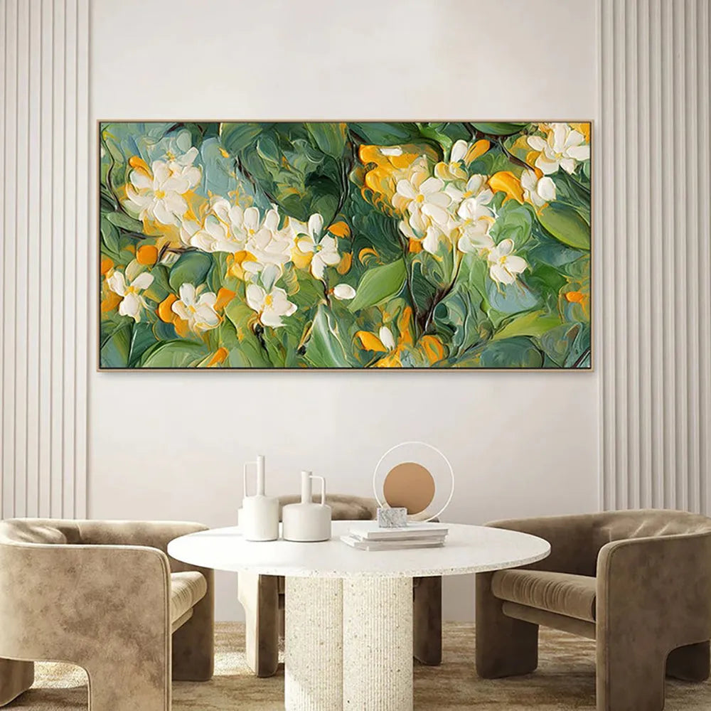 Handmade abstract floral oil painting on canvas with 3D texture, crabapple blossoms, frameless rolled artwork