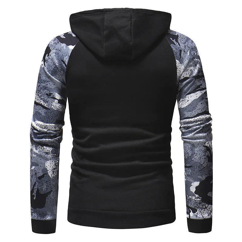 Men's long sleeve camouflage print hooded sweatshirt in black, light grey, or dark grey with raglan sleeves, sizes M to XXL
