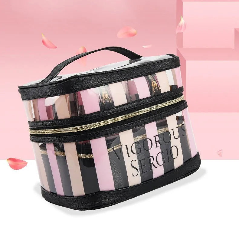 Pink bold stripe floral pattern buggy bag makeup kit with synthetic leather and waterproof lining
