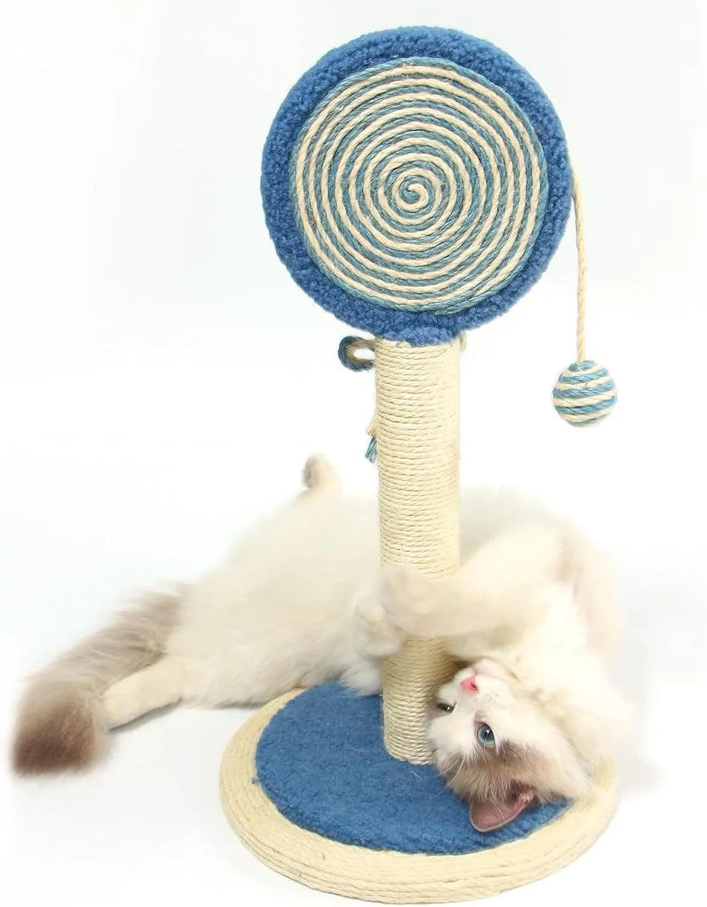Blue cat scratching post with natural sisal rope and a hanging ball on a sturdy wooden base.