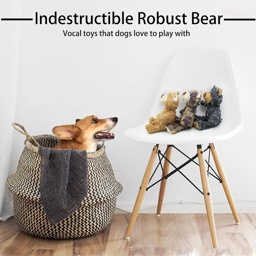 Indestructible robust bear squeaky dog toy in dark purple colour for heavy chewers, with built-in squeaker