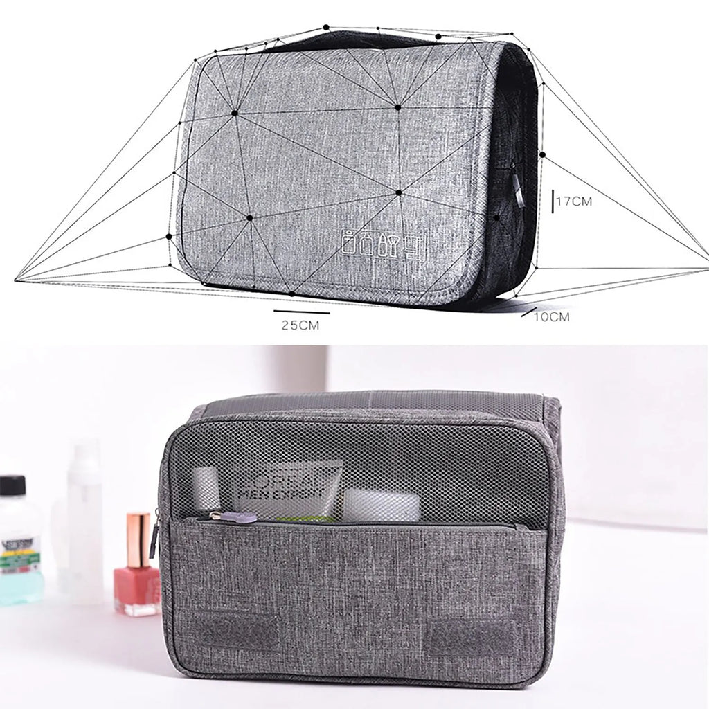 Waterproof nylon hanging toiletry bag with four zippered compartments and swivel hook, available in six colours.