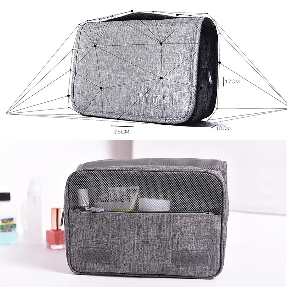 Waterproof nylon hanging toiletry bag with four zippered compartments and swivel hook, available in six colours.
