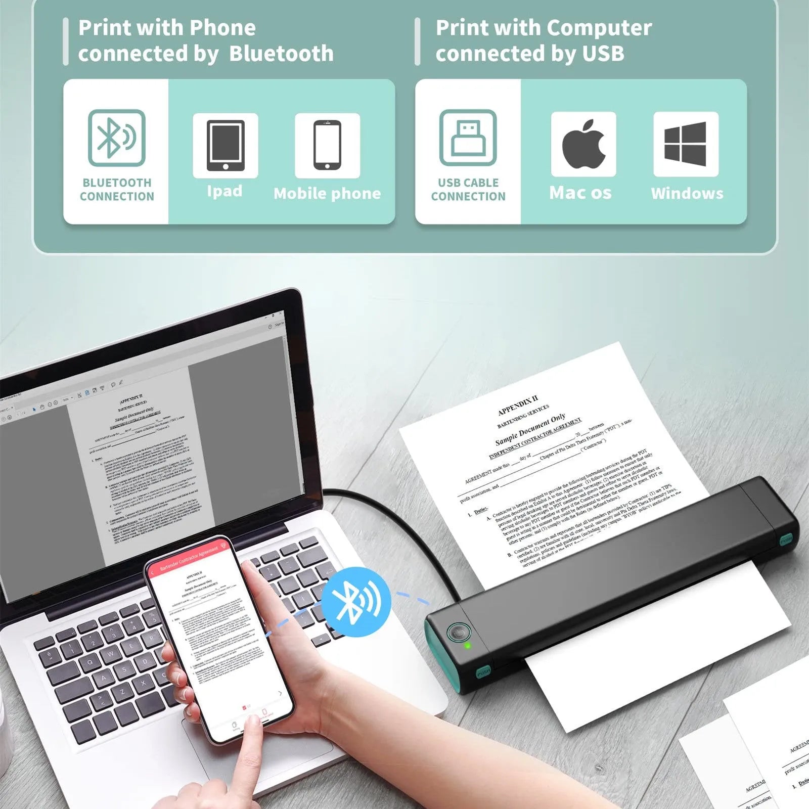 Phomemo M08F portable A4 thermal printer in silver black colour on a desk