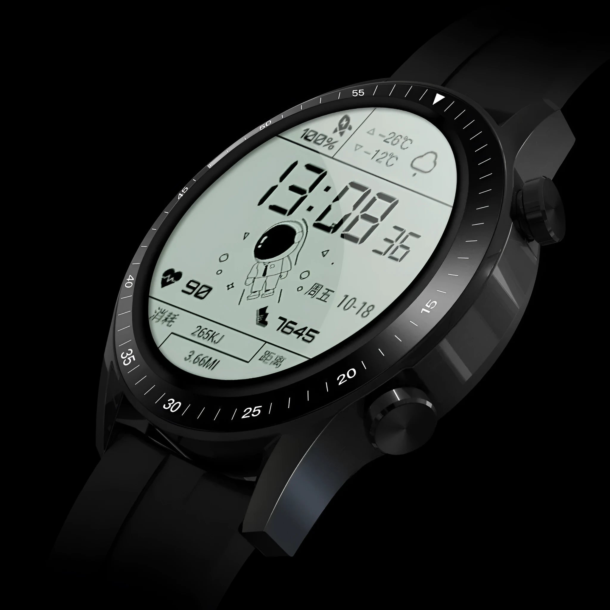 Round smart watch with black aluminium alloy case showing touch screen display with fitness metrics
