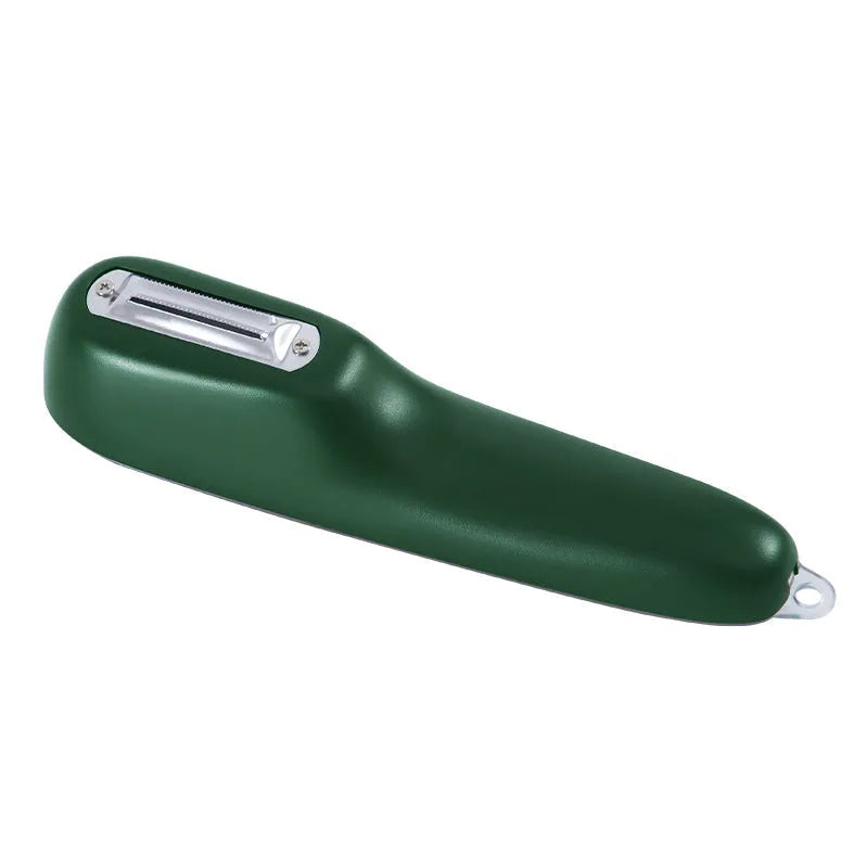 Dark green kitchen peeler with stainless steel blade stored in transparent tube case