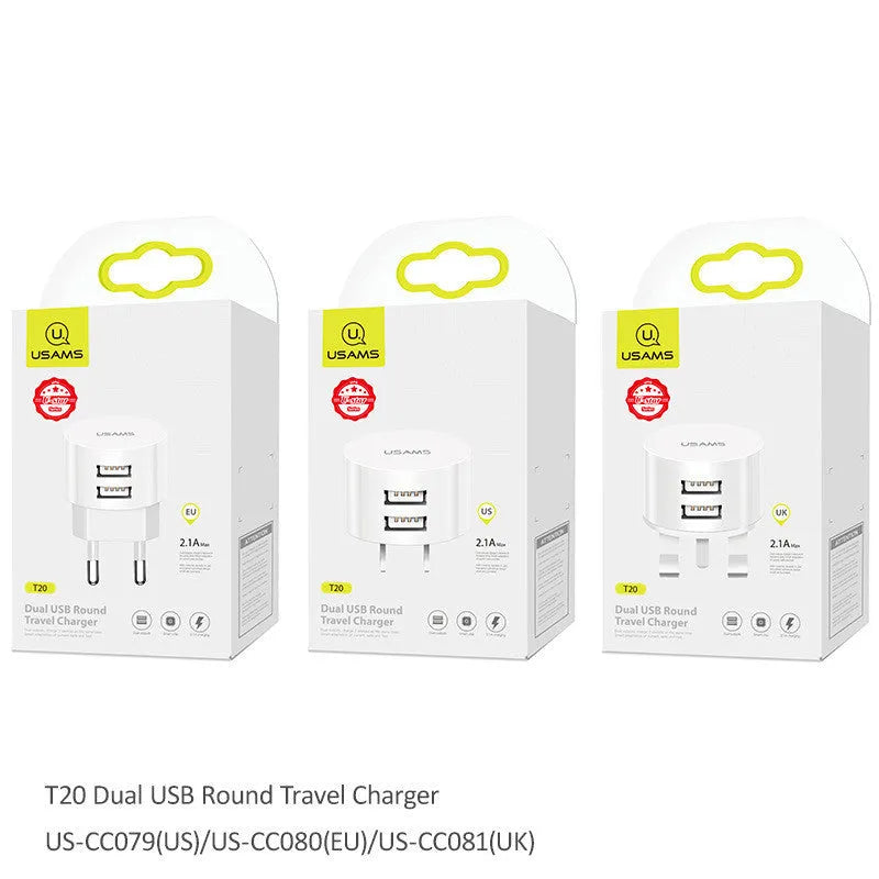 White portable universal dual USB charger with EU, UK and US adaptor heads for international travel